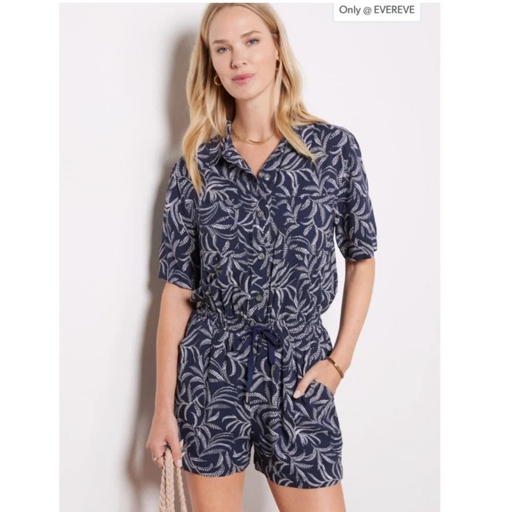 Evereve Ivy Romper Blue Floral Botanical Print Elastic Tie Waist Sz small